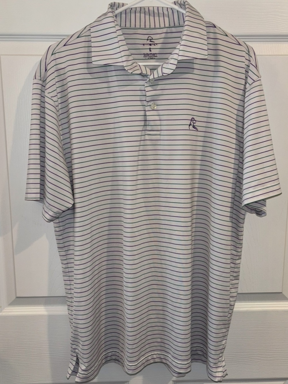 Rhoback Performance Polo Golf Shirt Mens L Blue Green White Stripes The Captain